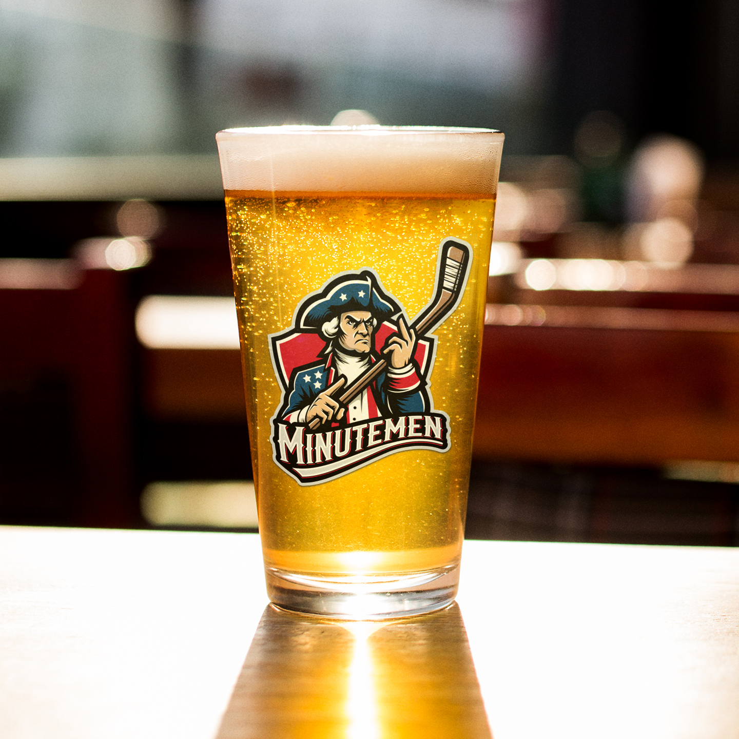 Patriotic Minutemen Hockey Player Pint Glass – 16 oz